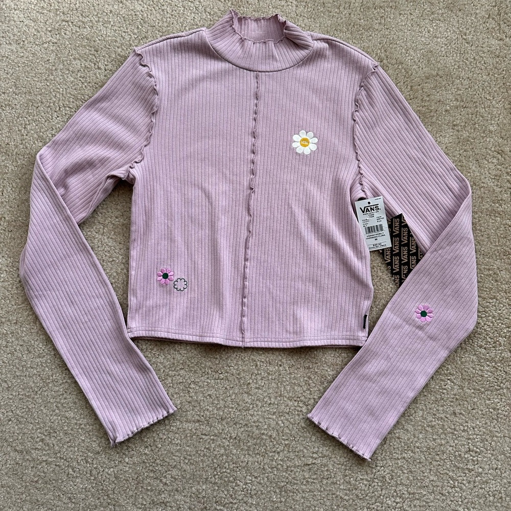 VANS women’s purple embroidered daisy OVERSIZED FLORAL LS TOP